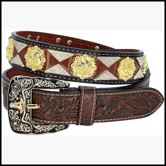 Genuine Leather Western Concho Belt with Tooled Embossing main image 7